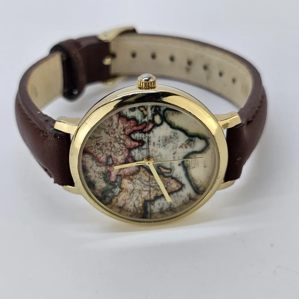 Women's World Map Watch 36MM Multicolor Dial Brown Leather Bands NEW Battery